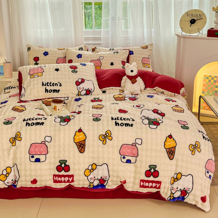 91家纺网 家纺一手货源 找家纺 润肤居 2025新款保暖舒适亲肤牛奶绒泡泡四件套 格子动物园