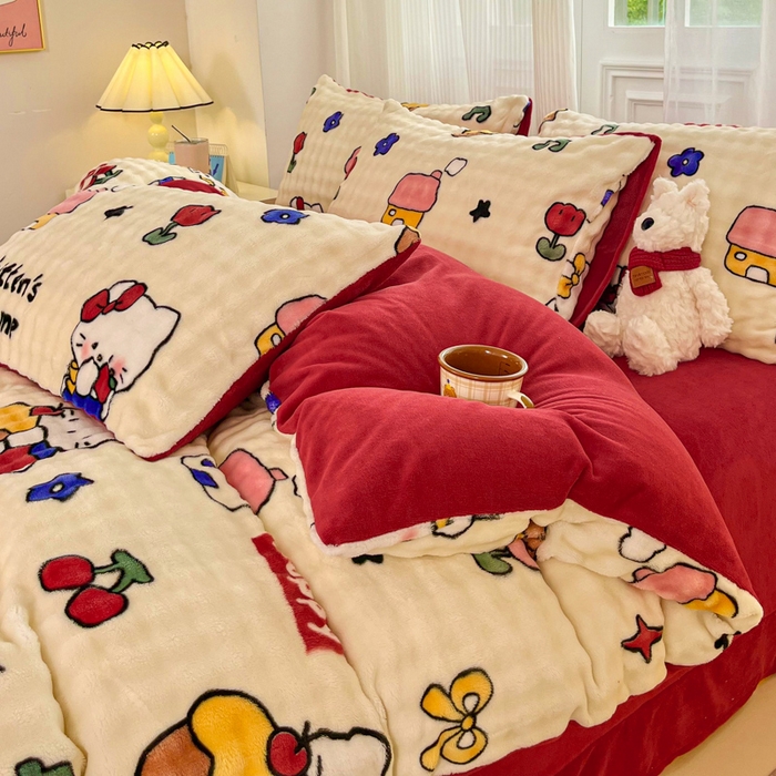 91家纺网 家纺一手货源 找家纺 润肤居 2025新款保暖舒适亲肤牛奶绒泡泡四件套 格子动物园