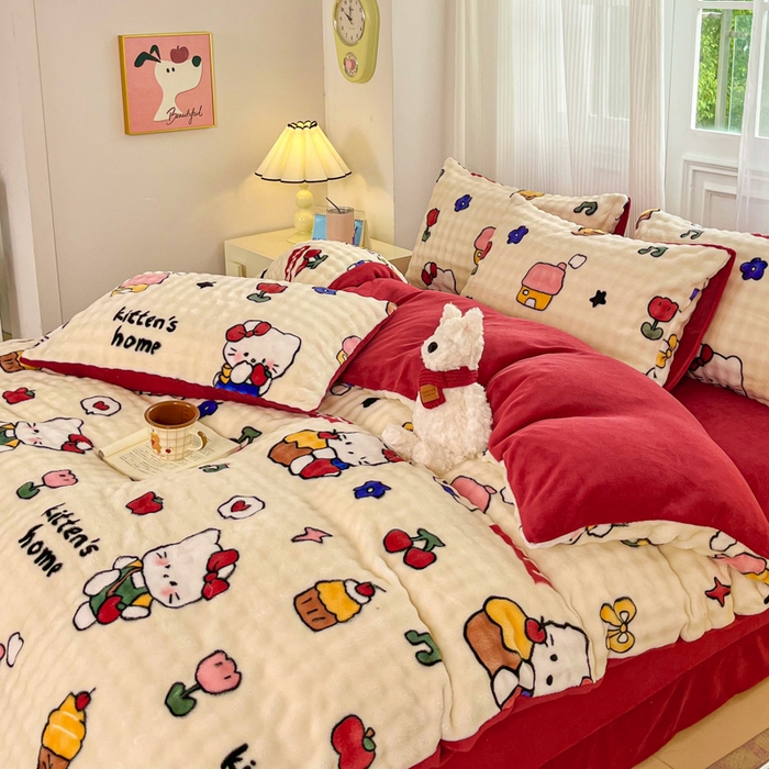 91家纺网 家纺一手货源 找家纺 润肤居 2025新款保暖舒适亲肤牛奶绒泡泡四件套 格子动物园