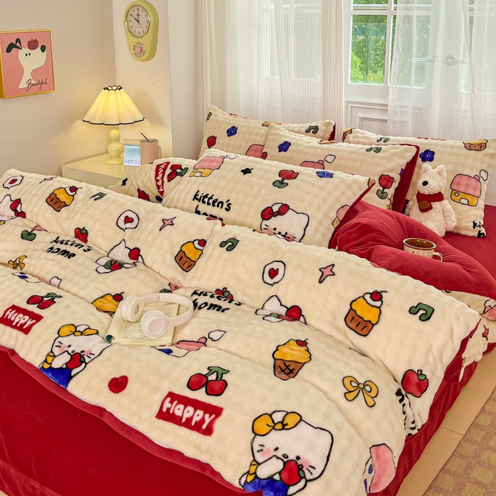 91家纺网 家纺一手货源 找家纺 润肤居 2025新款保暖舒适亲肤牛奶绒泡泡四件套 格子动物园