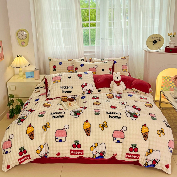 91家纺网 家纺一手货源 找家纺 润肤居 2025新款保暖舒适亲肤牛奶绒泡泡四件套 格子动物园