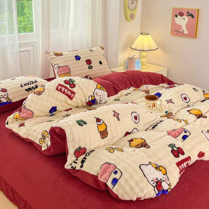 91家纺网 家纺一手货源 找家纺 润肤居 2025新款保暖舒适亲肤牛奶绒泡泡四件套 格子动物园