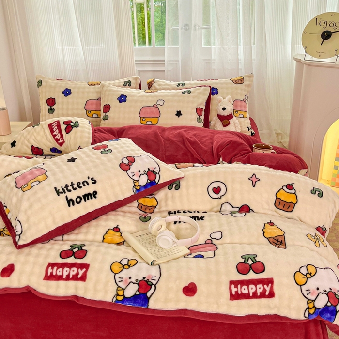 91家纺网 家纺一手货源 找家纺 润肤居 2025新款保暖舒适亲肤牛奶绒泡泡四件套 格子动物园