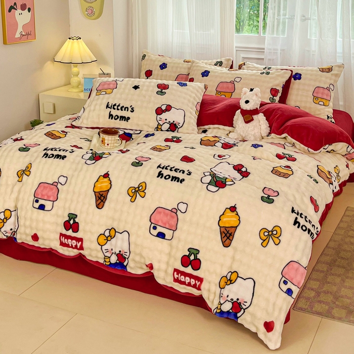 91家纺网 家纺一手货源 找家纺 润肤居 2025新款保暖舒适亲肤牛奶绒泡泡四件套 格子动物园