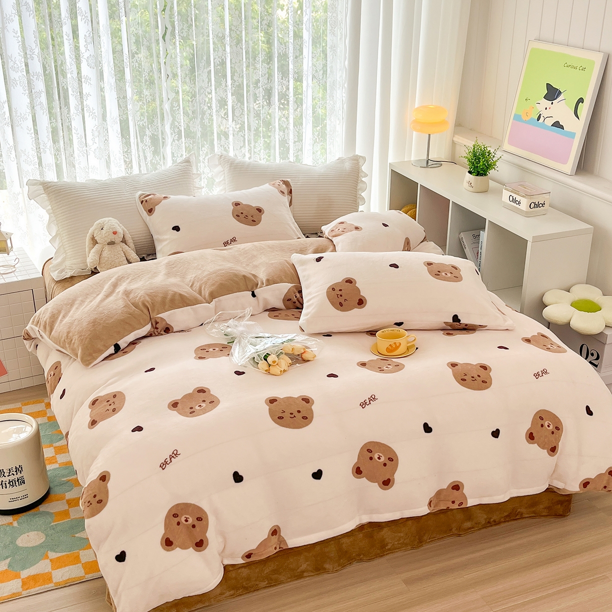 梵克保罗 2025新款牛奶绒四件套金貂绒法莱绒加厚保暖直播电商热款 支持跨境电商 熊头