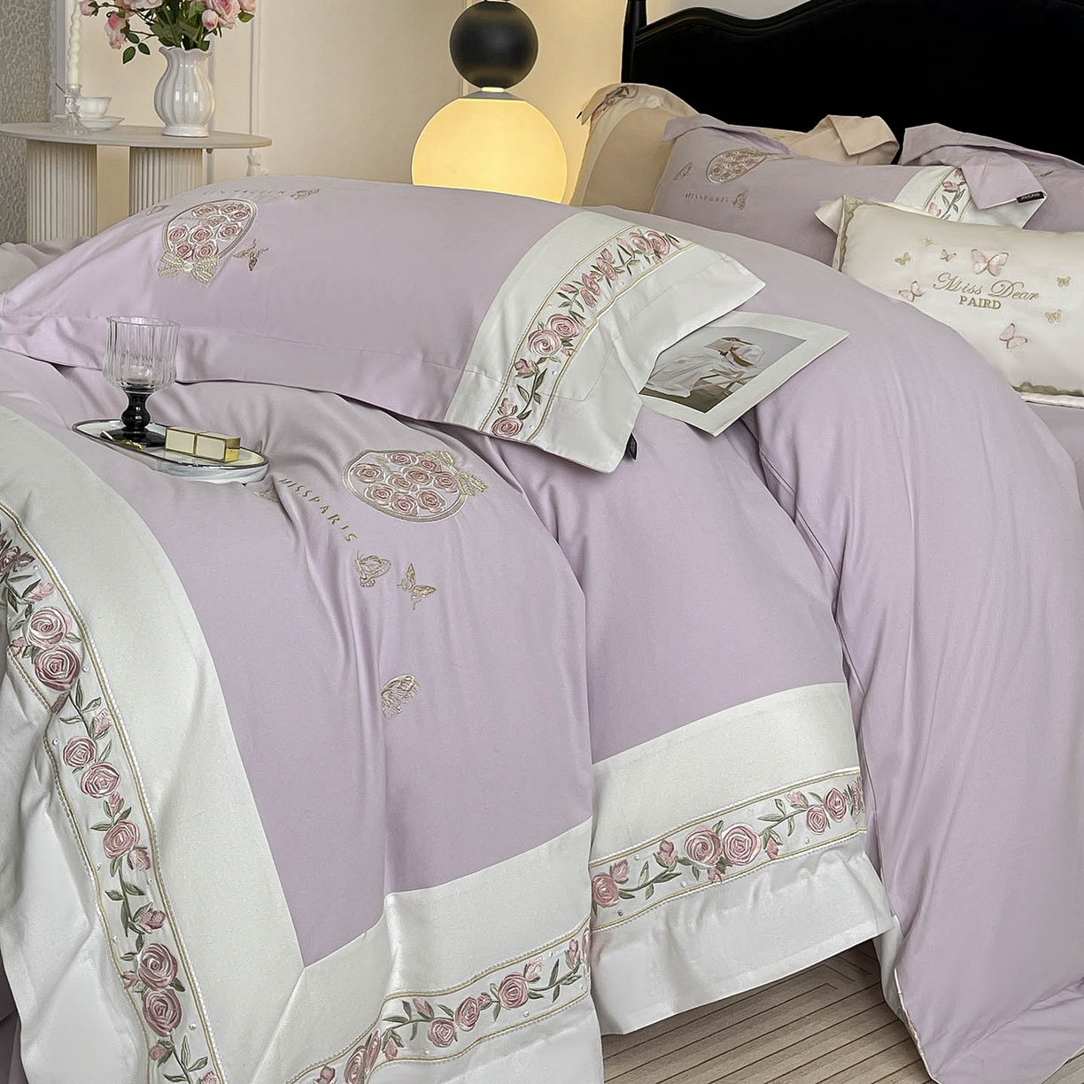 91家纺网 家纺一手货源 找家纺 冬季爆款A类长绒棉加厚磨毛全棉纯棉保暖高端重工刺绣全工艺被套床单轻奢床上用品 花巷-黛紫