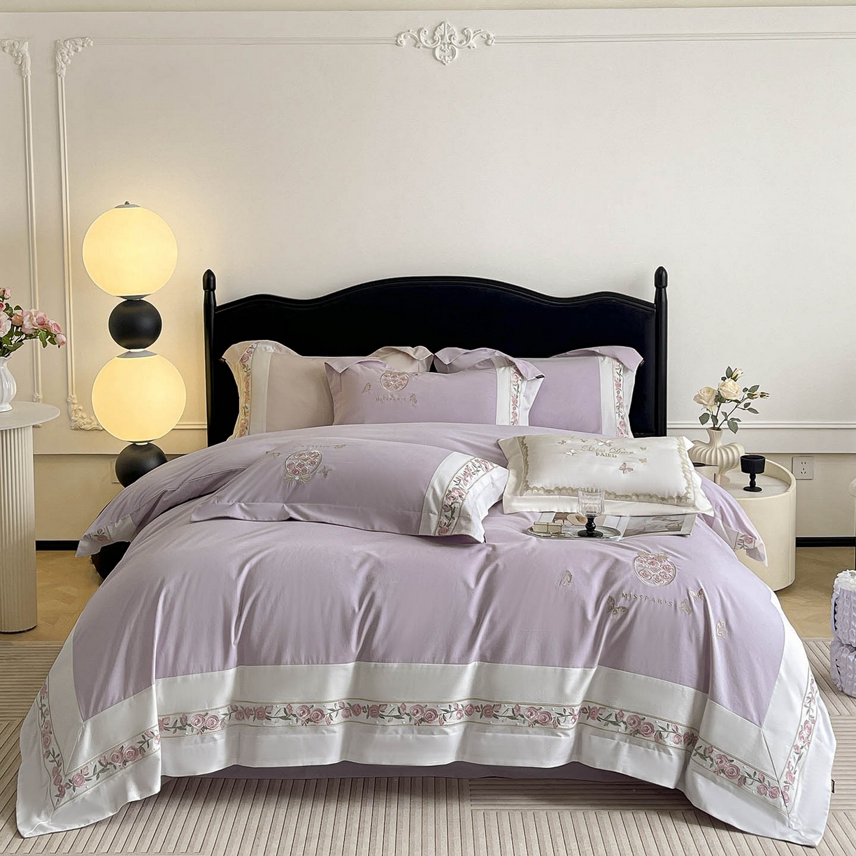 91家纺网 家纺一手货源 找家纺 冬季爆款A类长绒棉加厚磨毛全棉纯棉保暖高端重工刺绣全工艺被套床单轻奢床上用品 花巷-黛紫