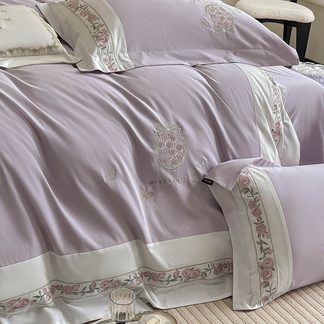 91家纺网 家纺一手货源 找家纺 冬季爆款A类长绒棉加厚磨毛全棉纯棉保暖高端重工刺绣全工艺被套床单轻奢床上用品 花巷-黛紫