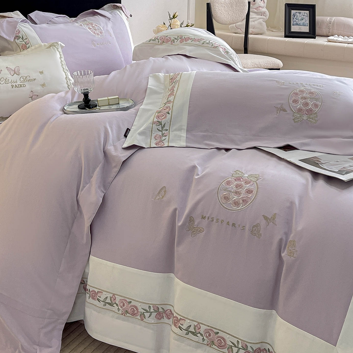 91家纺网 家纺一手货源 找家纺 冬季爆款A类长绒棉加厚磨毛全棉纯棉保暖高端重工刺绣全工艺被套床单轻奢床上用品 花巷-黛紫