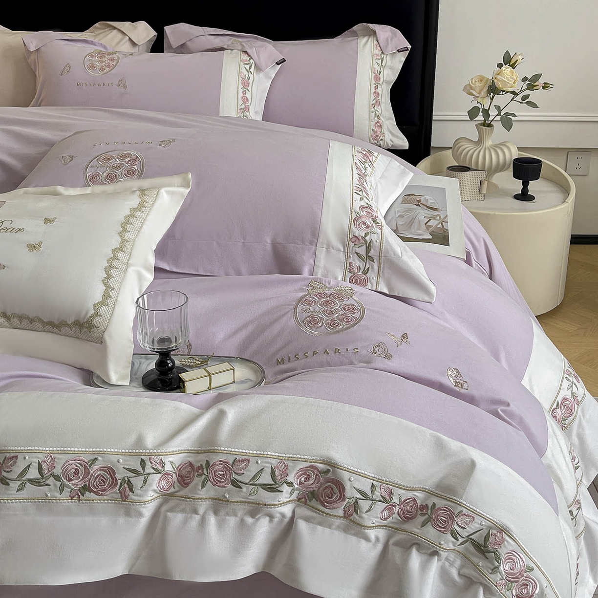 91家纺网 家纺一手货源 找家纺 冬季爆款A类长绒棉加厚磨毛全棉纯棉保暖高端重工刺绣全工艺被套床单轻奢床上用品 花巷-黛紫