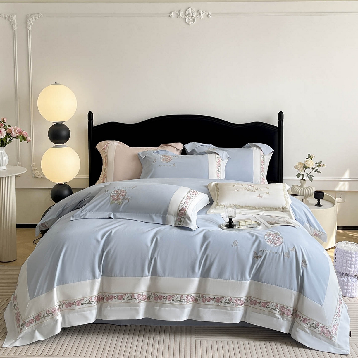 91家纺网 家纺一手货源 找家纺 冬季爆款A类长绒棉加厚磨毛全棉纯棉保暖高端重工刺绣全工艺被套床单轻奢床上用品 花巷-飘蓝