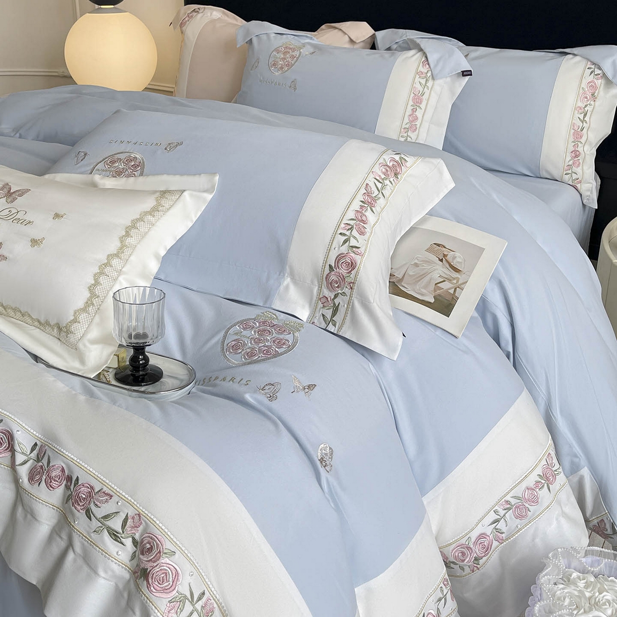 冬季爆款A类长绒棉加厚磨毛全棉纯棉保暖高端重工刺绣全工艺被套床单轻奢床上用品 花巷-飘蓝