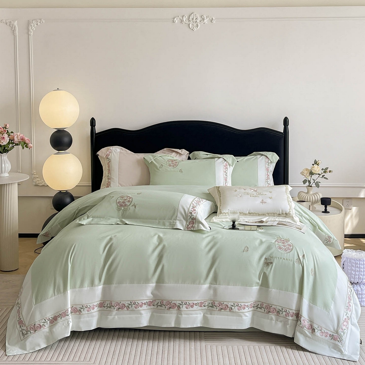 91家纺网 家纺一手货源 找家纺  冬季爆款A类长绒棉加厚磨毛全棉纯棉保暖高端重工刺绣全工艺被套床单轻奢床上用品 花巷-茶绿