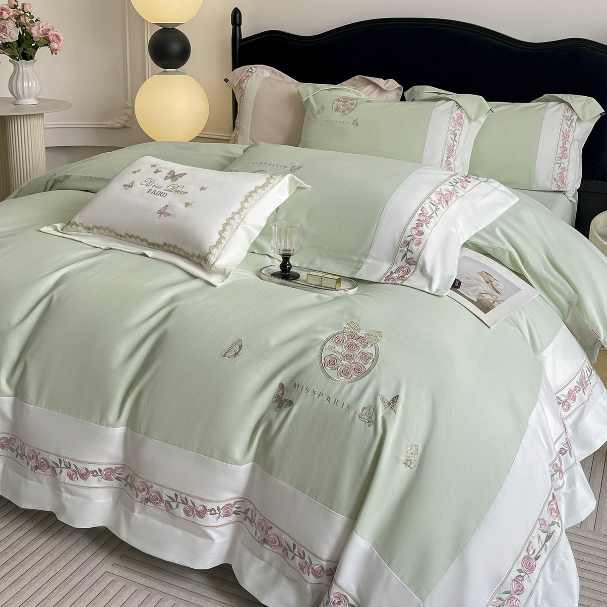 91家纺网 家纺一手货源 找家纺  冬季爆款A类长绒棉加厚磨毛全棉纯棉保暖高端重工刺绣全工艺被套床单轻奢床上用品 花巷-茶绿