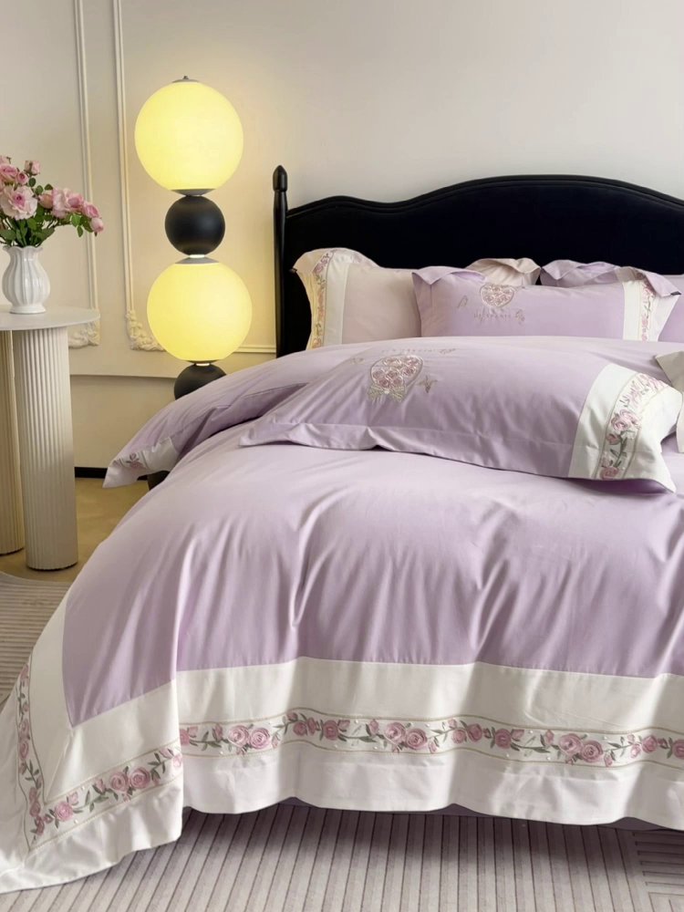 91家纺网 家纺一手货源 找家纺  冬季爆款A类长绒棉加厚磨毛全棉纯棉保暖高端重工刺绣全工艺被套床单轻奢床上用品 花巷-黛紫