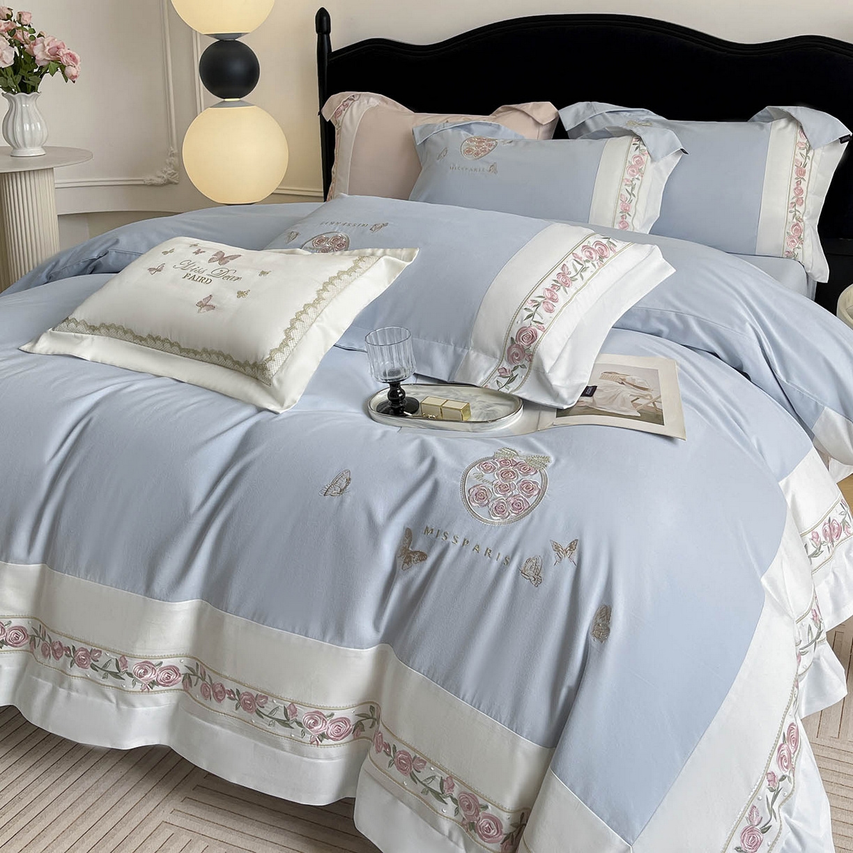 91家纺网 家纺一手货源 找家纺  冬季爆款A类长绒棉加厚磨毛全棉纯棉保暖高端重工刺绣全工艺被套床单轻奢床上用品 花巷-飘蓝