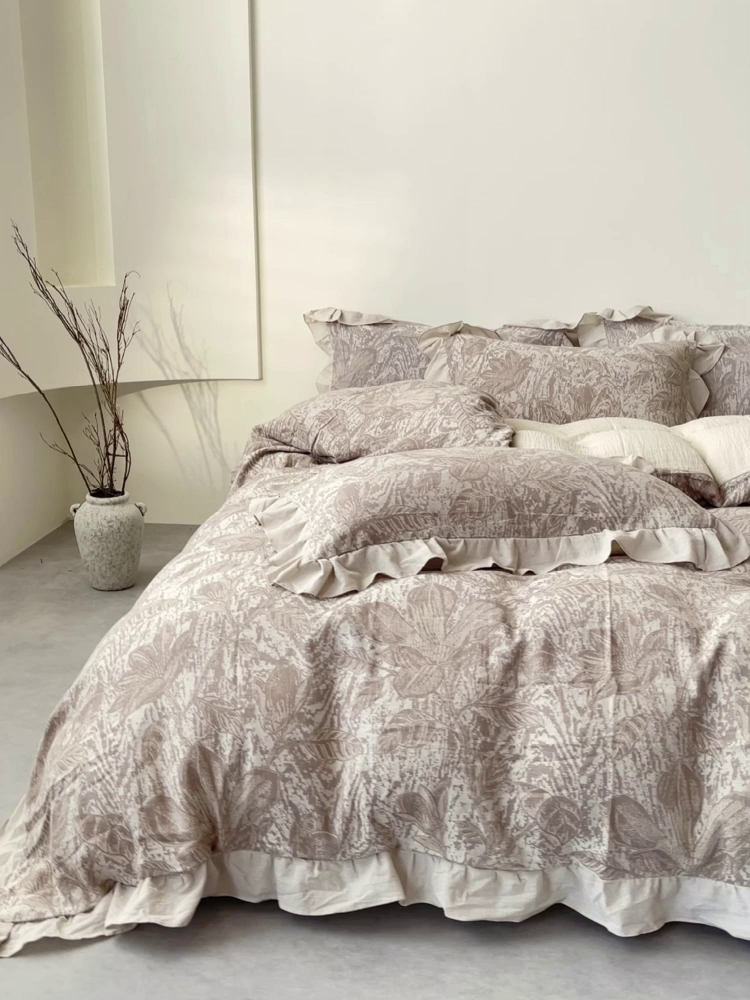 91家纺网 家纺一手货源 找家纺  法式提花棉麻四件套纯棉全棉复古风花边素色亚麻高端超柔透气高档床上用品 苏莉-棕