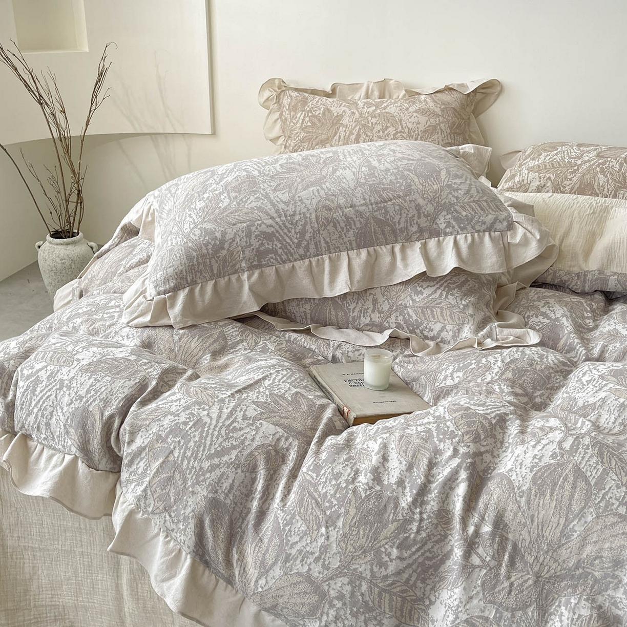 91家纺网 家纺一手货源 找家纺 （总）法式提花棉麻四件套纯棉全棉复古风花边素色亚麻高端超柔透气高档床上用品