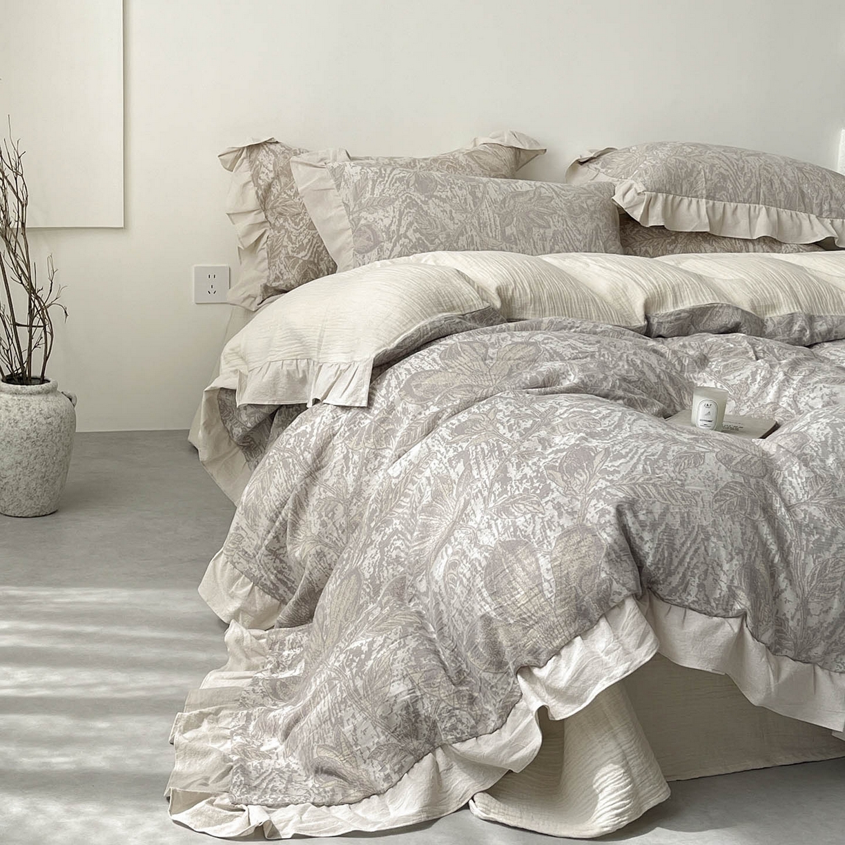 91家纺网 家纺一手货源 找家纺 （总）法式提花棉麻四件套纯棉全棉复古风花边素色亚麻高端超柔透气高档床上用品