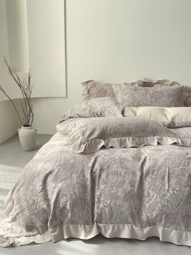 91家纺网 家纺一手货源 找家纺 （总）法式提花棉麻四件套纯棉全棉复古风花边素色亚麻高端超柔透气高档床上用品