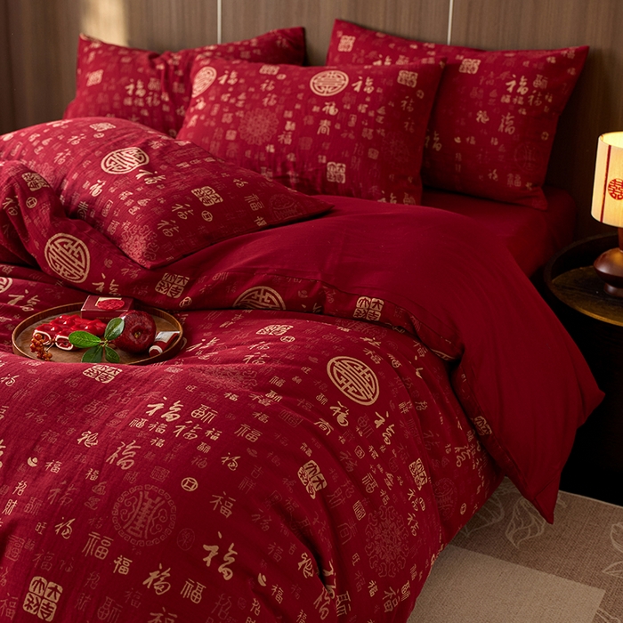 91家纺网 家纺一手货源 找家纺 （总）安莱生活 2025新品全棉色织提花（大红婚庆 ）四件套