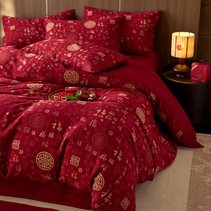 91家纺网 家纺一手货源 找家纺 （总）安莱生活 2025新品全棉色织提花（大红婚庆 ）四件套