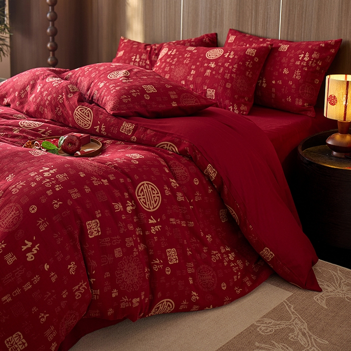 91家纺网 家纺一手货源 找家纺 （总）安莱生活 2025新品全棉色织提花（大红婚庆 ）四件套
