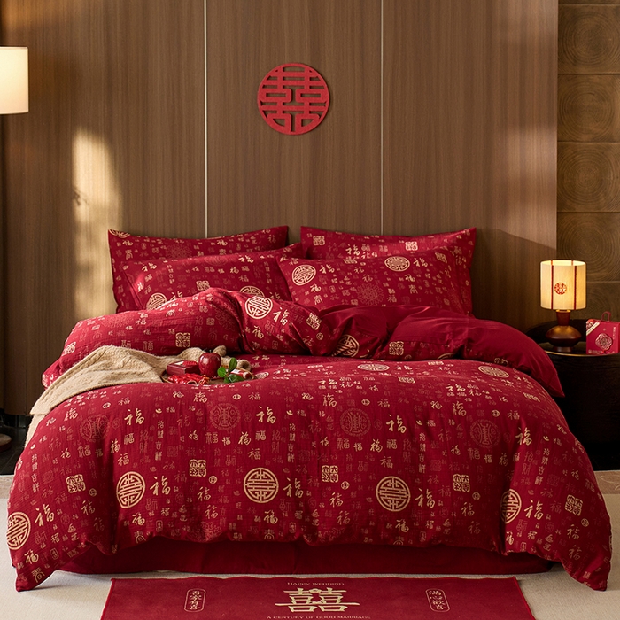 91家纺网 家纺一手货源 找家纺 （总）安莱生活 2025新品全棉色织提花（大红婚庆 ）四件套