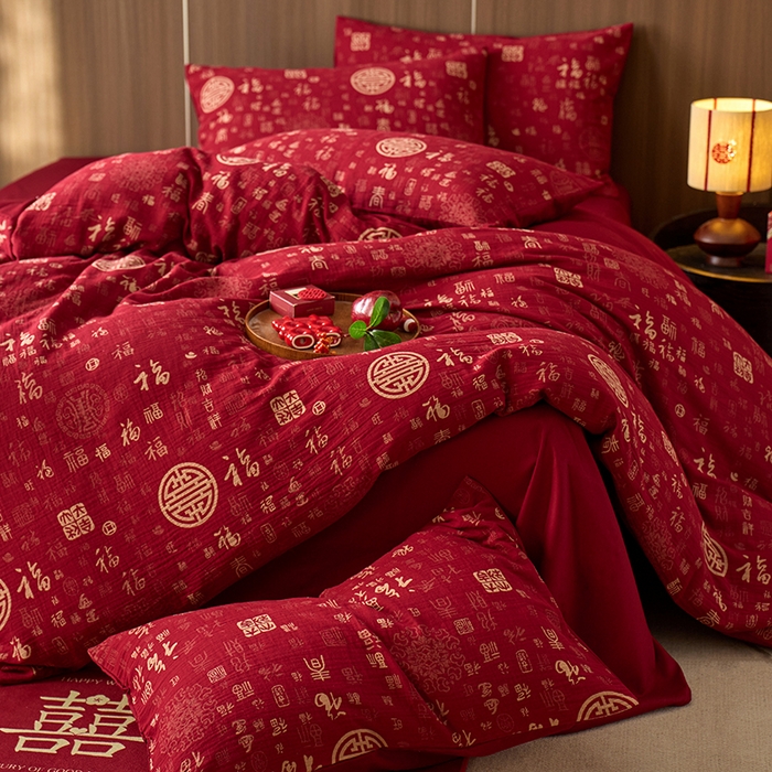 91家纺网 家纺一手货源 找家纺 安莱生活 2025新品全棉色织提花（大红婚庆 ）四件套 囍意满床