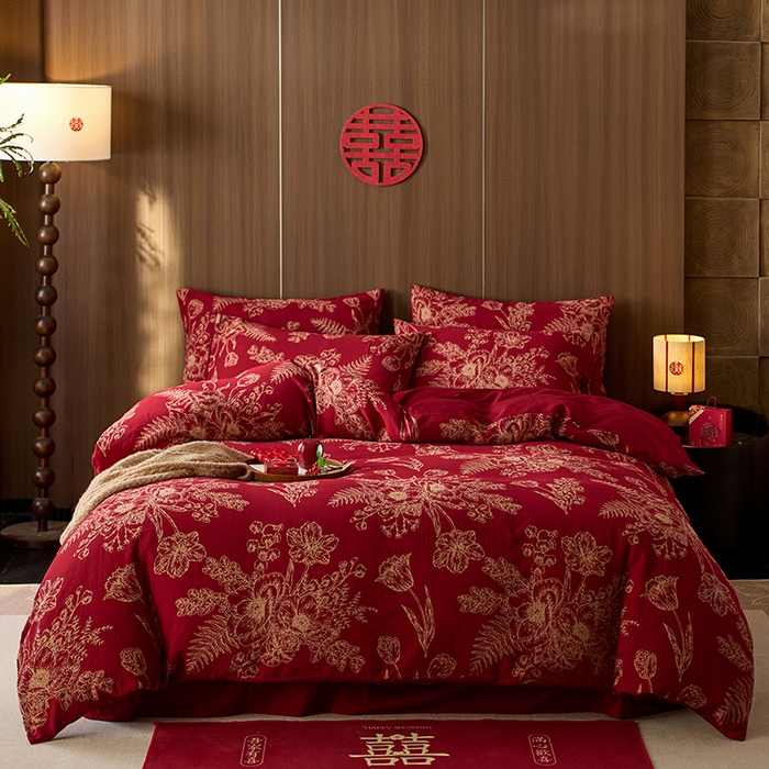 91家纺网 家纺一手货源 找家纺 安莱生活 2025新品全棉色织提花（大红婚庆 ）四件套 囍韵繁花