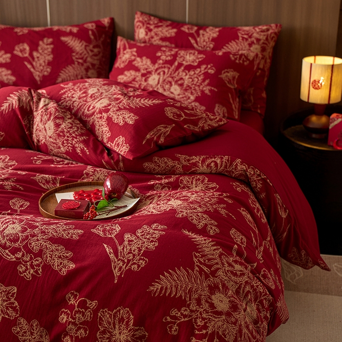 91家纺网 家纺一手货源 找家纺 安莱生活 2025新品全棉色织提花（大红婚庆 ）四件套 囍韵繁花