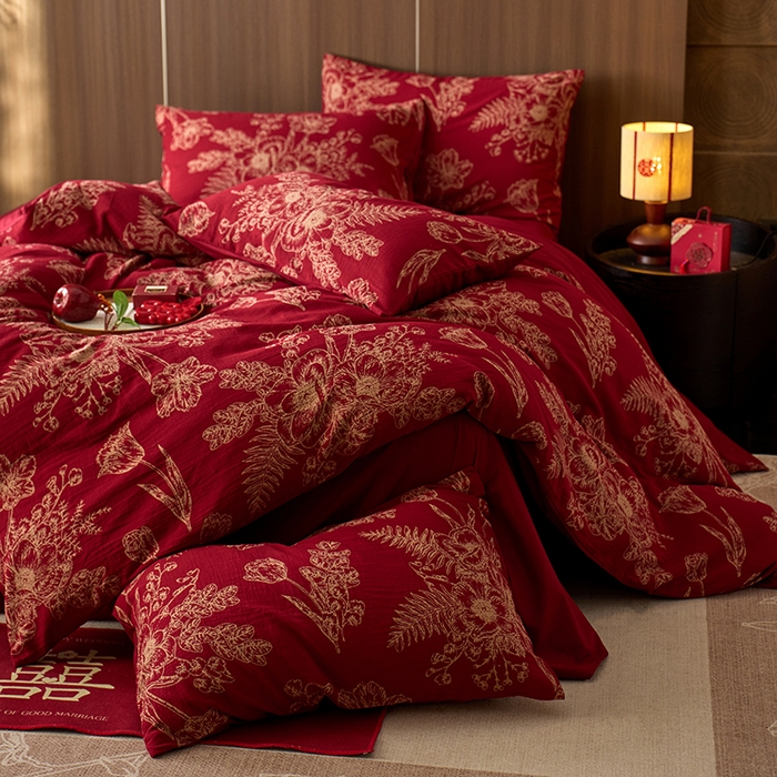 91家纺网 家纺一手货源 找家纺 安莱生活 2025新品全棉色织提花（大红婚庆 ）四件套 囍韵繁花