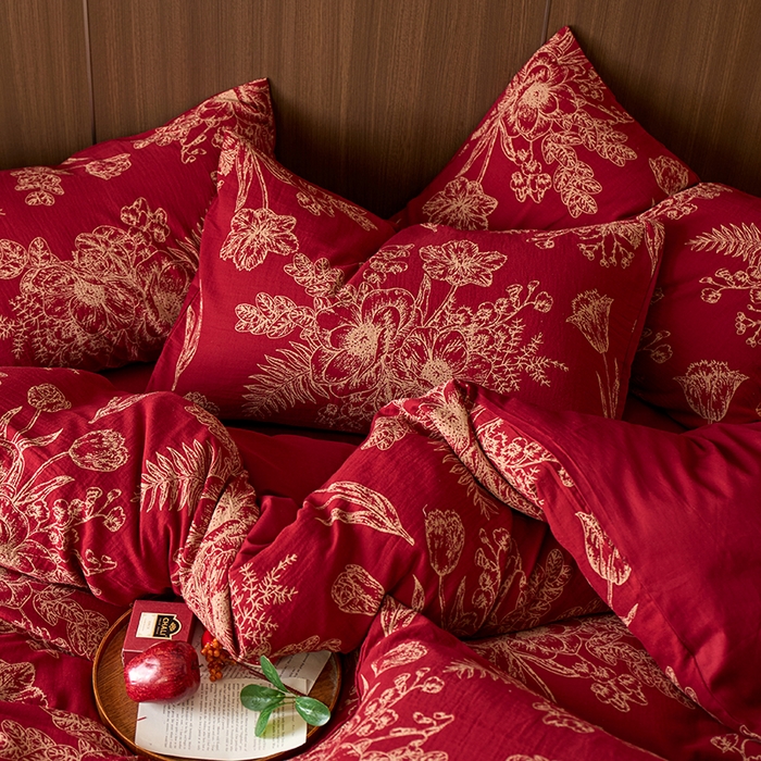 91家纺网 家纺一手货源 找家纺 安莱生活 2025新品全棉色织提花（大红婚庆 ）四件套 囍韵繁花