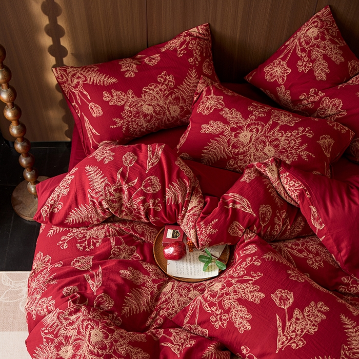 91家纺网 家纺一手货源 找家纺 安莱生活 2025新品全棉色织提花（大红婚庆 ）四件套 囍韵繁花