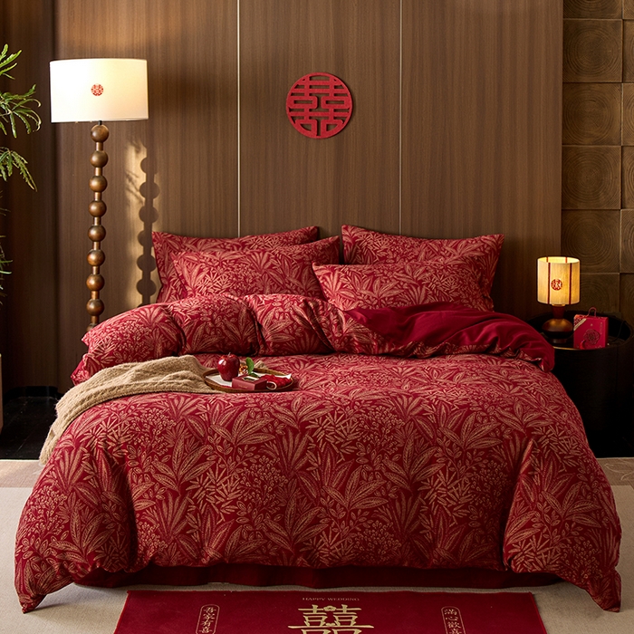91家纺网 家纺一手货源 找家纺 安莱生活 2025新品全棉色织提花（大红婚庆 ）四件套 叶语传喜