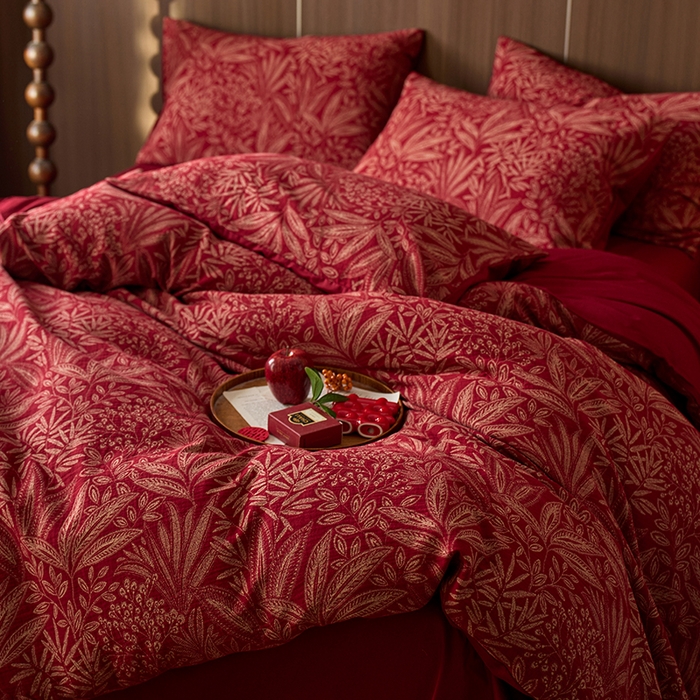 91家纺网 家纺一手货源 找家纺 安莱生活 2025新品全棉色织提花（大红婚庆 ）四件套 叶语传喜