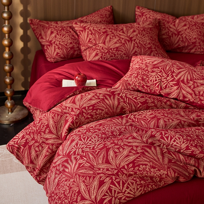 91家纺网 家纺一手货源 找家纺 安莱生活 2025新品全棉色织提花（大红婚庆 ）四件套 叶语传喜