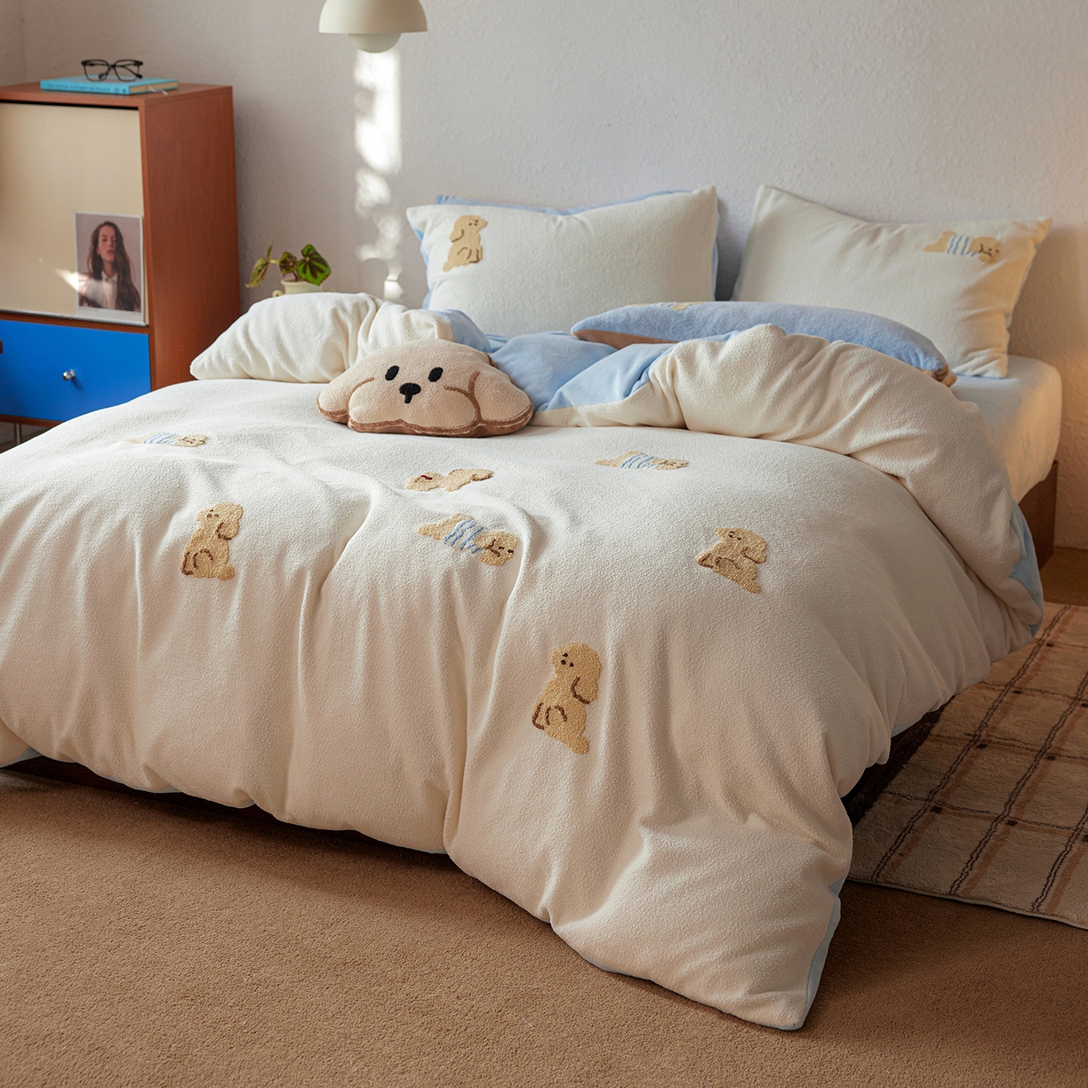 91家纺网 家纺一手货源 找家纺 （总）安莱生活 2025新款暖呢绒毛巾绣四件套（萌趣家宠系）-风格1