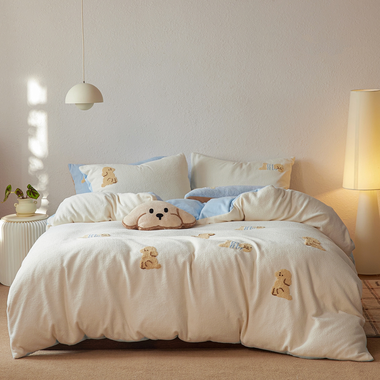 安莱生活 2025新款暖呢绒毛巾绣四件套（萌趣家宠系）-风格1 海魂衫小狗-蓝白