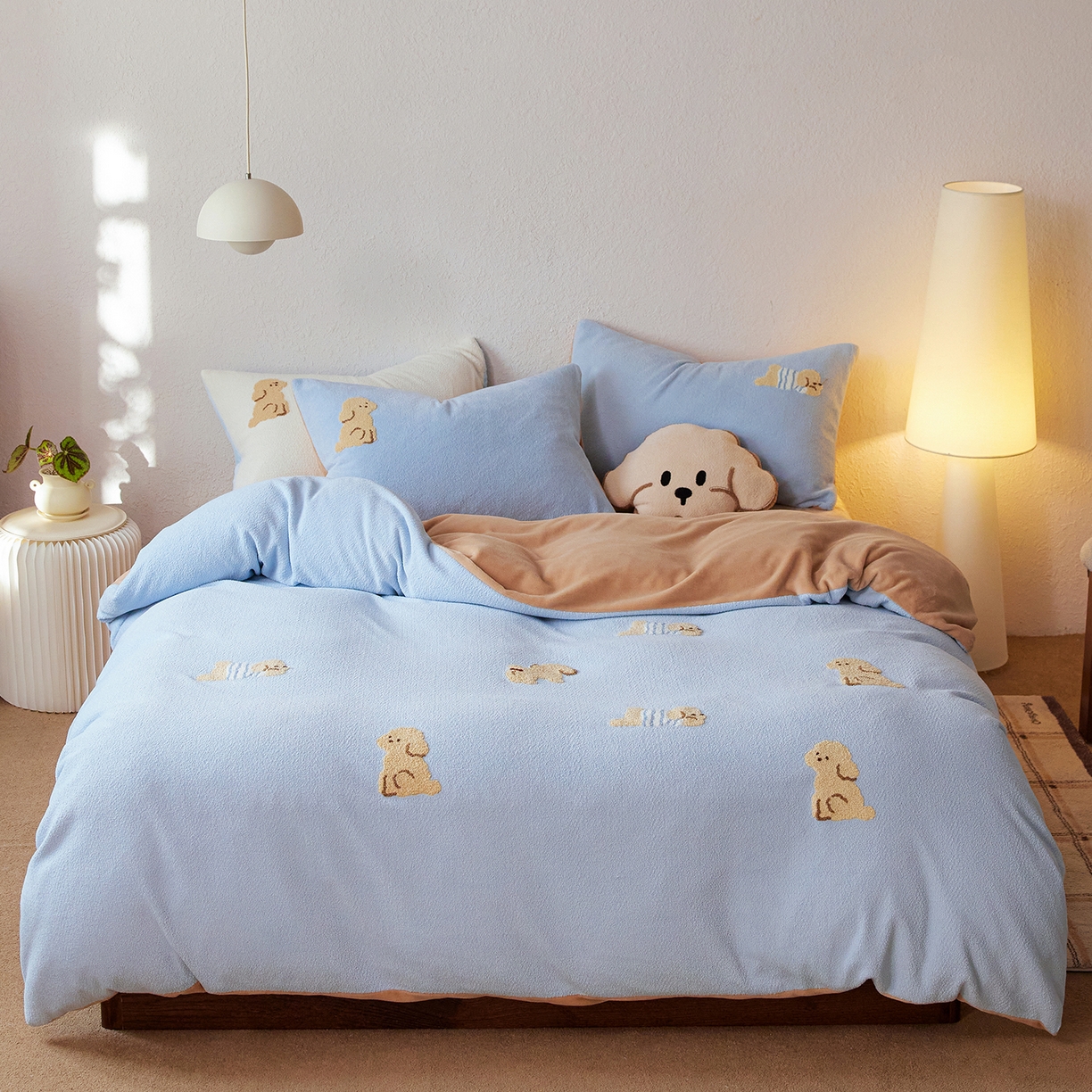 安莱生活 2025新款暖呢绒毛巾绣四件套（萌趣家宠系）-风格1 海魂衫小狗-蓝咖