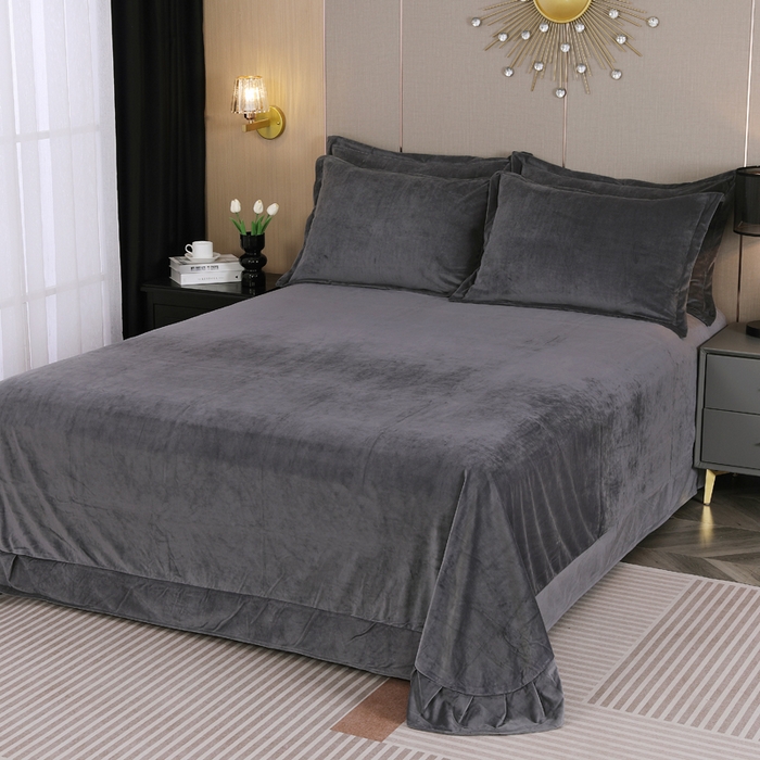 91家纺网 家纺一手货源 找家纺 紫月轩 2025新款高克重白拉毛花边水晶绒四件套 银灰,银灰