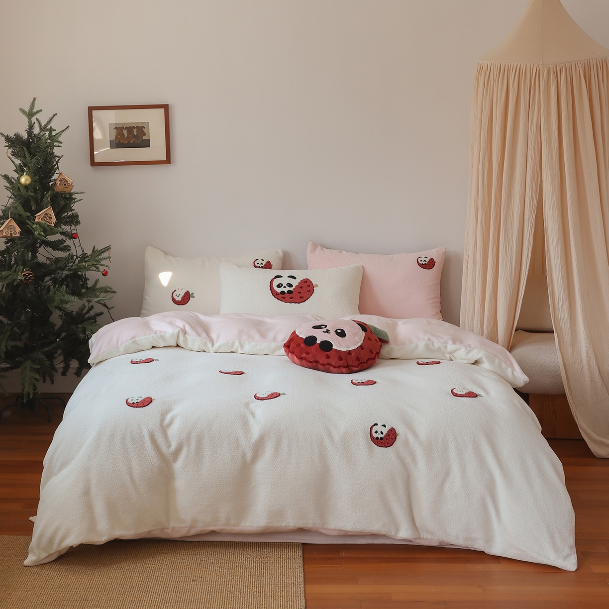 安莱生活 2025新款暖呢绒毛巾绣四件套（萌趣家宠系）-风格2 荔枝熊猫-粉