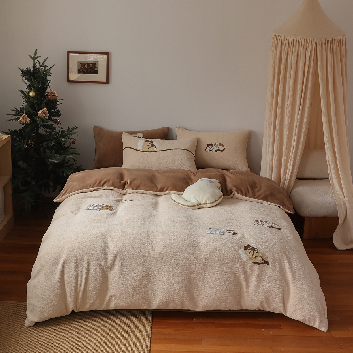 安莱生活 2025新款暖呢绒毛巾绣四件套（萌趣家宠系）-风格2 躺平猫-奶茶