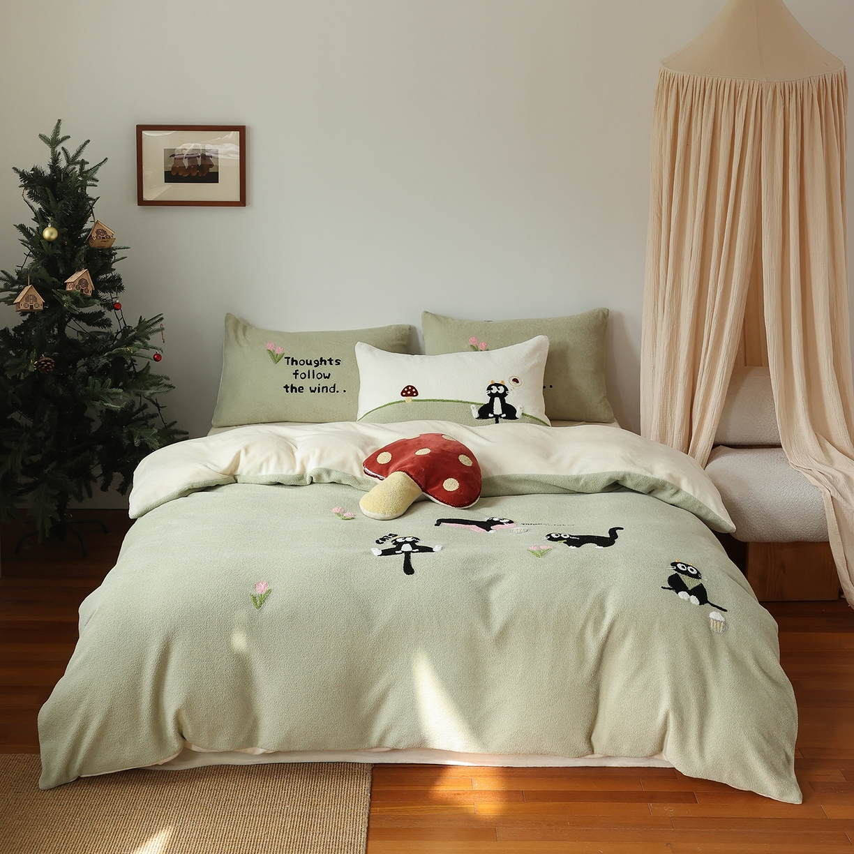 安莱生活 2025新款暖呢绒毛巾绣四件套（萌趣家宠系）-风格2 炸毛小黑猫-灰绿