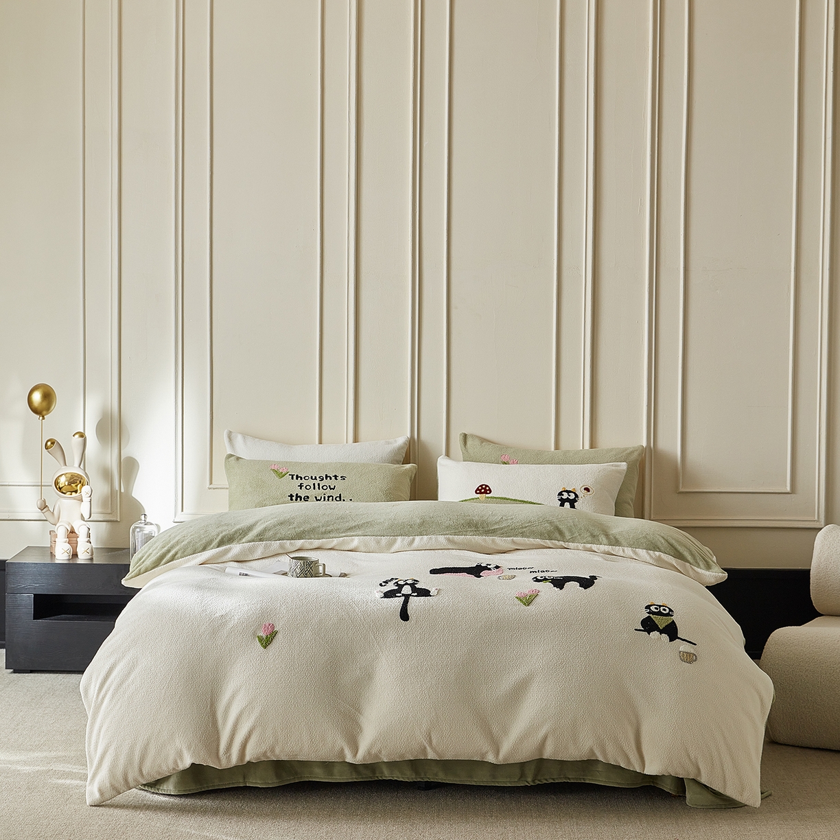 91家纺网 家纺一手货源 找家纺 （总）安莱生活 2025新款暖呢绒毛巾绣四件套（萌趣家宠系）-风格3