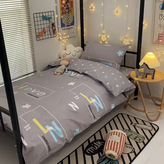 91家纺网 家纺一手货源 找家纺 朵希曼2025新款全棉13372学生三件套系列 恬爱.灰