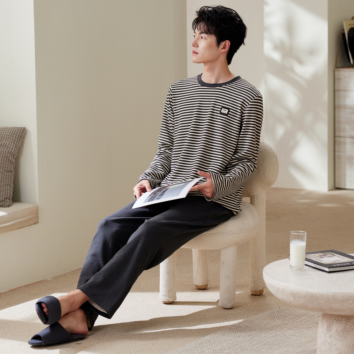 91家纺网 家纺一手货源 找家纺 （总）洛兰沙家居馆 2025保暖睡衣男士冬季新款长袖长裤开衫翻领男款时尚家居服套