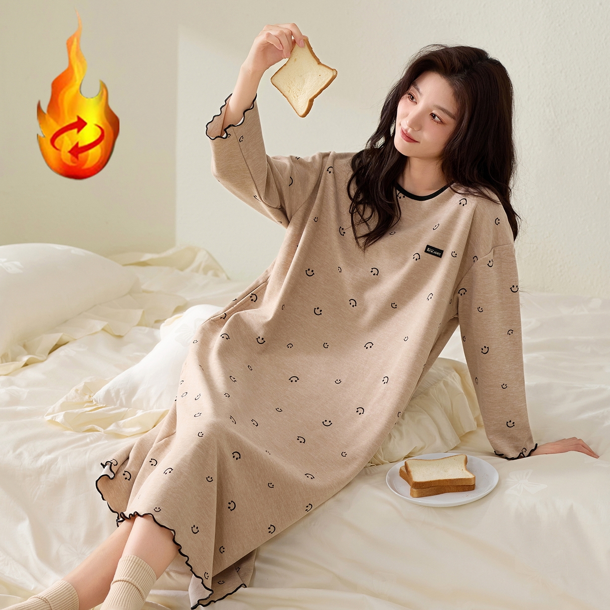 91家纺网 家纺一手货源 找家纺 洛兰沙家居馆 2025新款睡裙女冬季保暖长袖睡衣裙宽松休闲学生套头家居服可外穿 42286