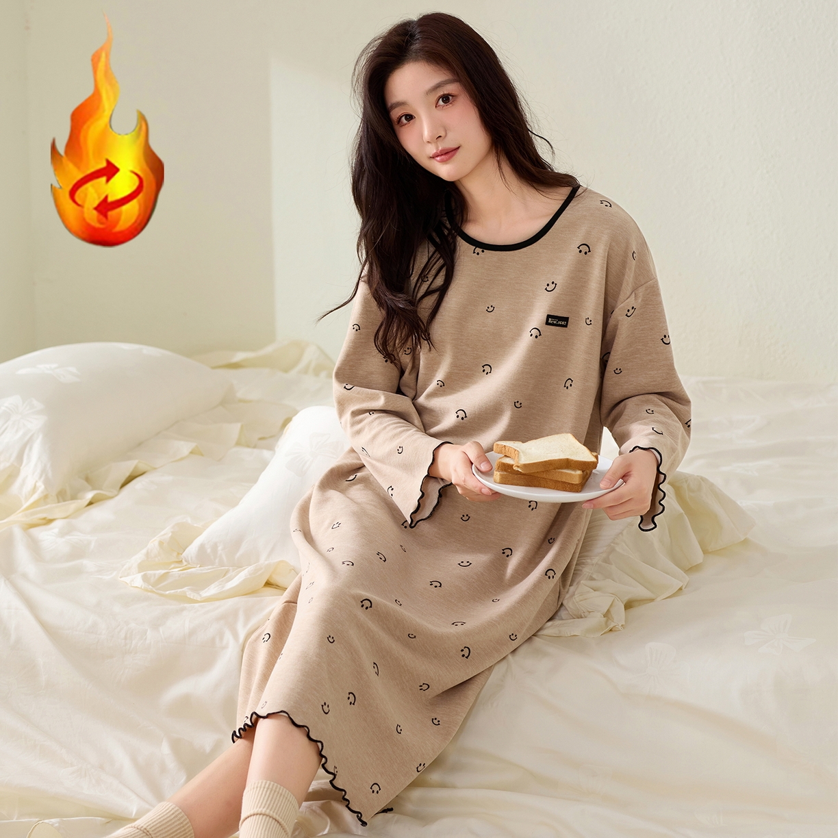 91家纺网 家纺一手货源 找家纺 洛兰沙家居馆 2025新款睡裙女冬季保暖长袖睡衣裙宽松休闲学生套头家居服可外穿 42286