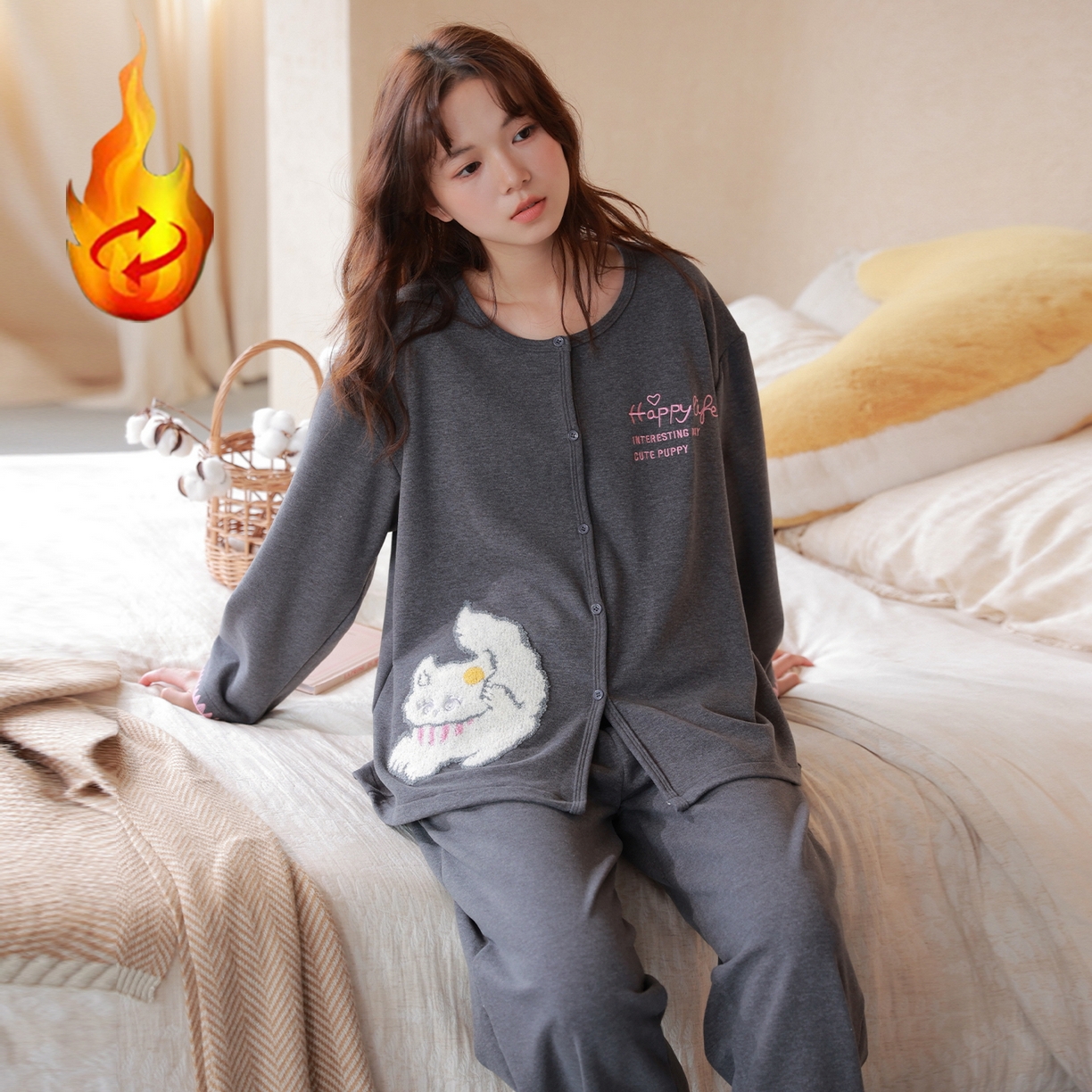 91家纺网 家纺一手货源 找家纺 洛兰沙家居馆 2025新款睡衣女长袖新款春秋双层羊绒德绒可外穿卡通开衫家居服套装韩版秋冬 42312